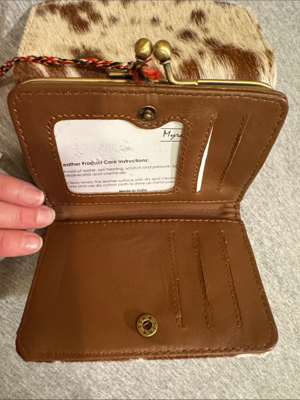 Myra Bag Brown & White Cowhide Wallet with Kiss-lock Closure. New with Tags